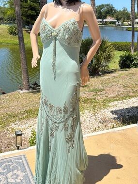 Xscape Sage Green Beaded Maxi Gown with Spaghetti Straps